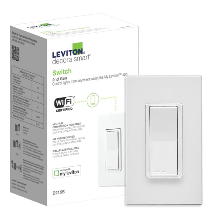 Leviton Decora Smart Switch, Wi-Fi 2nd Gen, Neutral Wire Required, Works with Matter, My Leviton, Alexa, Google Assistant, Apple Home/Siri & Wired or Wire-Free 3-Way, D215S-2RW, White