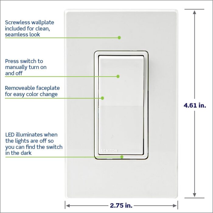 Leviton Decora Smart Switch, Wi-Fi 2nd Gen, Neutral Wire Required, Works with Matter, My Leviton, Alexa, Google Assistant, Apple Home/Siri & Wired or Wire-Free 3-Way, D215S-2RW, White - Image 5