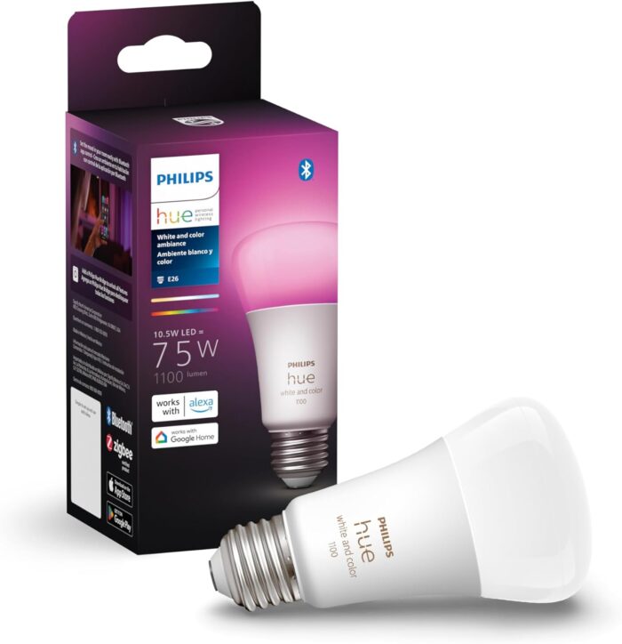 Philips Hue White and Color Ambiance A19 Medium Lumen Smart Bulb, 1100 Lumens, Bluetooth & Zigbee Compatible (Hue Hub Optional), Works with Alexa & Google Assistant, 1 Bulb