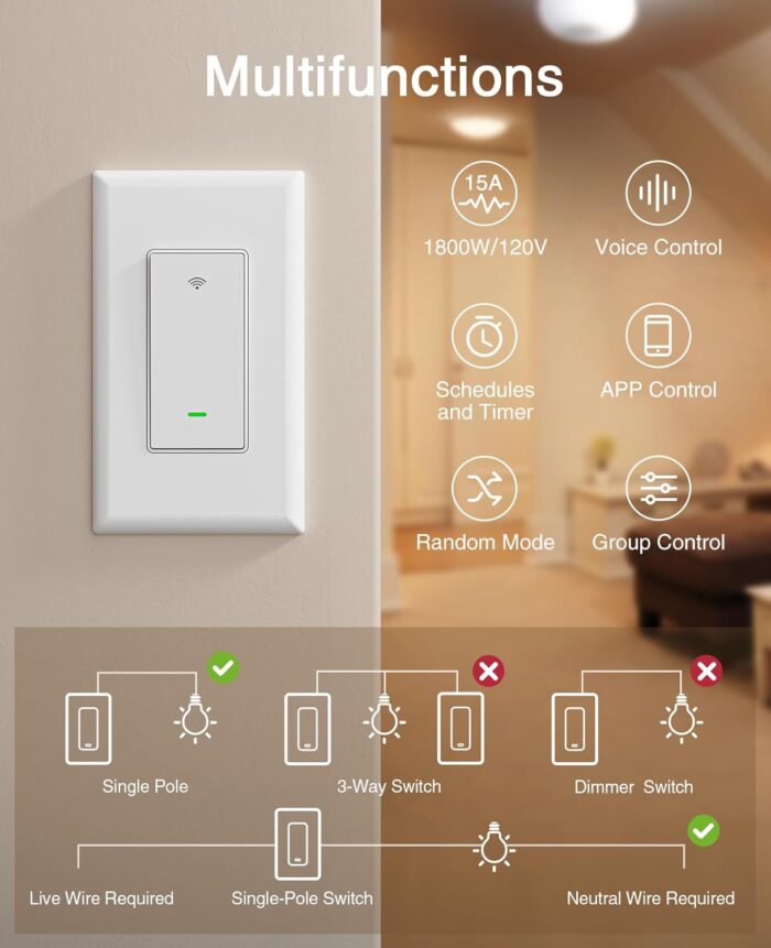 GHome Smart Switch,Smart Wi-Fi Light Switch Compatible with Alexa and Google Assistant 2.4Ghz, Single-Pole,Neutral Wire Required,UL Certified,Remote/Voice Control, No Hub Required (4 Pack) - Image 2