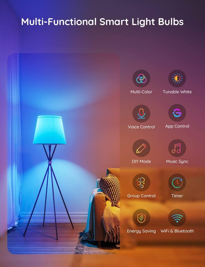 Govee Smart Light Bulbs, Color Changing Light Bulb, Works with Alexa and Google Assistant, 16 Million Colors RGBWW, WiFi & Bluetooth LED Light Bulbs, Music Sync, A19, 800 Lumens, 1 Pack - Image 8