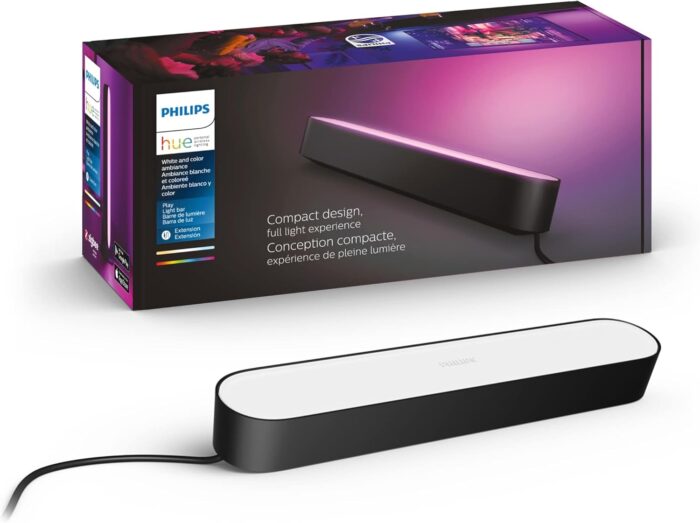Philips Hue Play Light Bar, Extension – White & Color Ambiance LED Color Changing Light Control w/App or Voice Assistant - Requires Hue Bridge & Hue Play Light Bar Base Kit, Black, No Power Supply