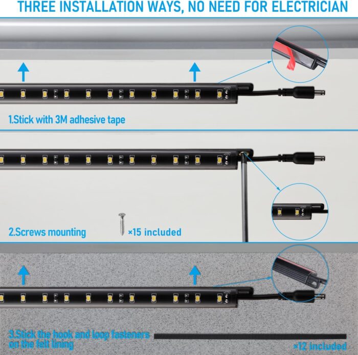 TORCHSTAR LED Safe Lighting Kit, (6) 12 Inch Linkable Light Bars + Motion Sensor + UL Power Adapter, 900LM, Input 100-240V, for Under Cabinet Gun Safe Locker Closet Showcase, 5000K Daylight - Image 5