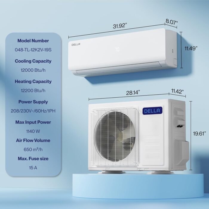 DELLA Versa Series 12000 BTU Mini Split Air Conditioner Work with Alexa with 1 Ton Pre-Charged Heat Pump Ductless Inverter System, 19 SEER2, Cools Up to 550 Sq. Ft,16.4ft installation kit included - Image 8