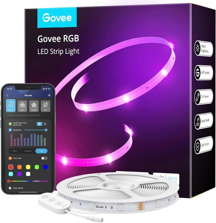 Govee Smart WiFi LED Strip Lights, 50ft RGB Led Strip Lighting Work with Alexa and Google Assistant, Color Changing Light Strip, Music Sync, LED Lights for Bedroom, Party, New Year, Easy to Install