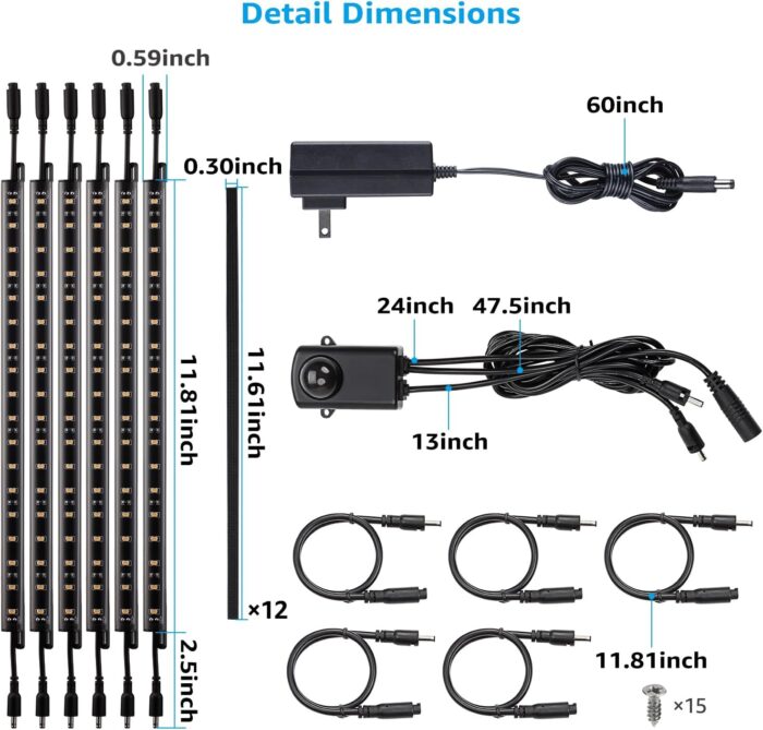 TORCHSTAR LED Safe Lighting Kit, (6) 12 Inch Linkable Light Bars + Motion Sensor + UL Power Adapter, 900LM, Input 100-240V, for Under Cabinet Gun Safe Locker Closet Showcase, 5000K Daylight - Image 6
