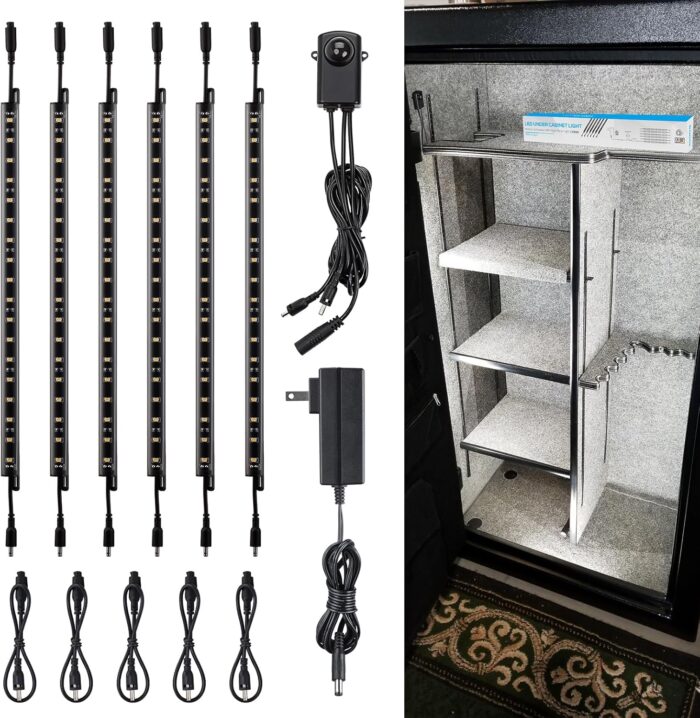 TORCHSTAR LED Safe Lighting Kit, (6) 12 Inch Linkable Light Bars + Motion Sensor + UL Power Adapter, 900LM, Input 100-240V, for Under Cabinet Gun Safe Locker Closet Showcase, 5000K Daylight