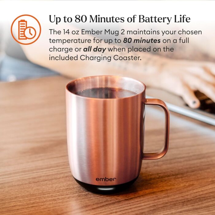 Ember Temperature Control Smart Mug 2, 14 Oz, App-Controlled Heated Coffee Mug with 80 Min Battery Life and Improved Design, Rose Gold - Image 3