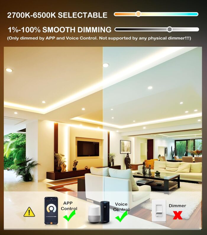 [6 Pack] CLOUDY BAY 4inch Smart WiFi LED Recessed Lights,RGBCW Color Changing Recessed Lighting,Compatible with Alexa and Google Home Assistant,10W 2700K-6500K,CRI90+ Wet Location,White Finish - Image 5