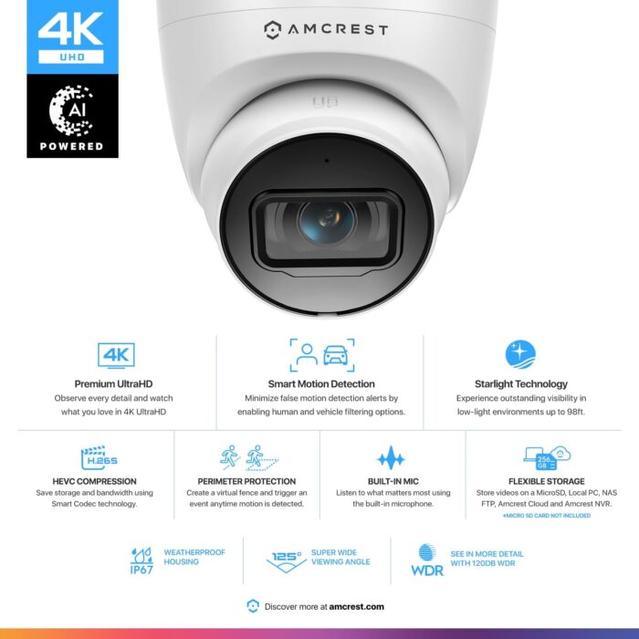 2-Pack Amcrest UltraHD 4K (8MP) Outdoor Security IP Turret PoE Camera, 3840x2160, 98ft NightVision, 125° FOV, IP67, MicroSD Recording (256GB), White (2PACK-IP8M-T2599EW-AI-V3) - Image 2