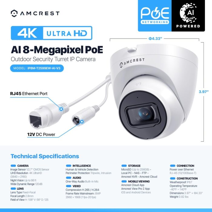 2-Pack Amcrest UltraHD 4K (8MP) Outdoor Security IP Turret PoE Camera, 3840x2160, 98ft NightVision, 125° FOV, IP67, MicroSD Recording (256GB), White (2PACK-IP8M-T2599EW-AI-V3) - Image 7