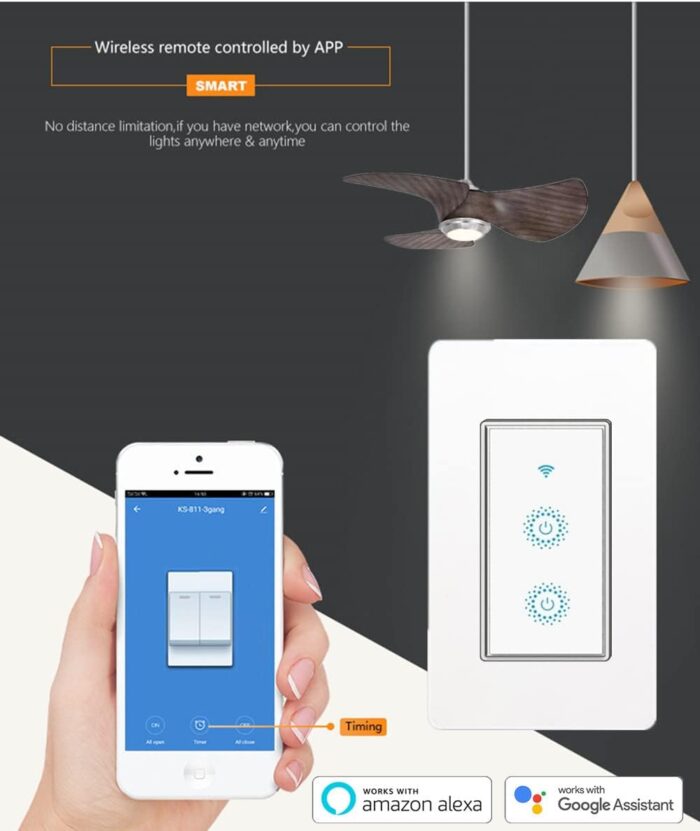 Nexete Smart Wi-Fi Double Light Switch, 2 in1 Single Pole Switch Compatible with Alexa Google Assistant & IFTTT,Remote Control, Timing Function No Hub Required (1-Pack Double Smart Switch) - Image 3