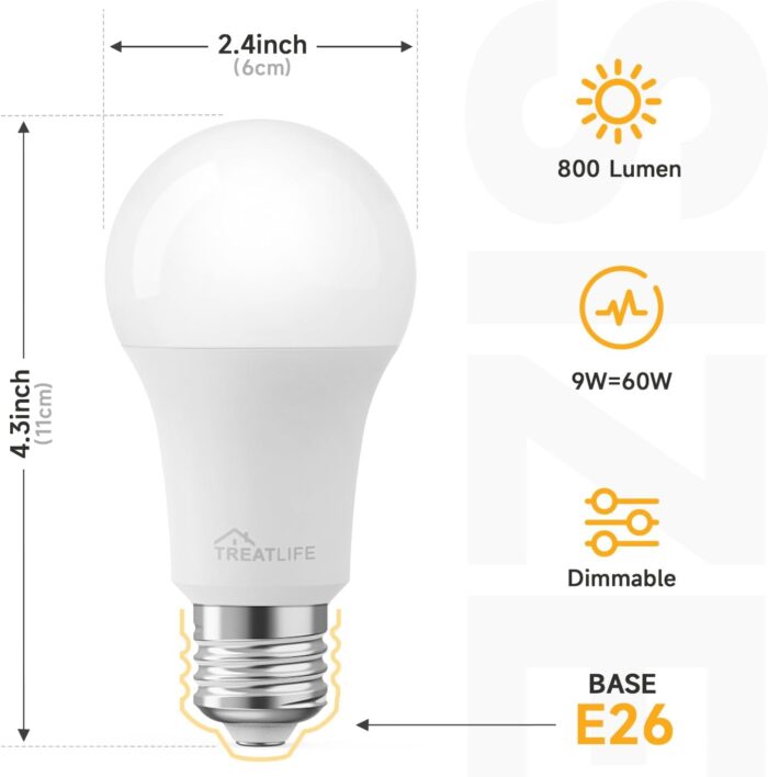 TREATLIFE Smart Light Bulbs 4Pack, 2500K-6500K Tunable White Dimmable LED Light Bulb Compatible with Alexa and Google Home, 2.4GHz WiFi Smart Bulb, 800LM, E26 A19 9W, No Hub Required - Image 2