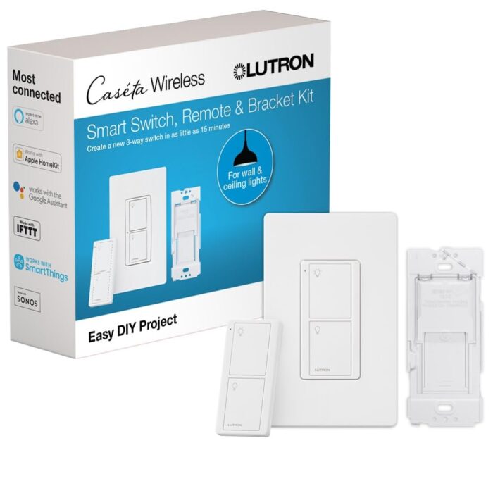 Lutron Caseta Smart Lighting Kit w/ Original Switch, Pico Remote, Wallplate, and More, for Light Bulbs, Works w/ Alexa, Apple Homekit, Google Home (Hub Required), 5A, Neutral Required, P-PKG1WS-WH