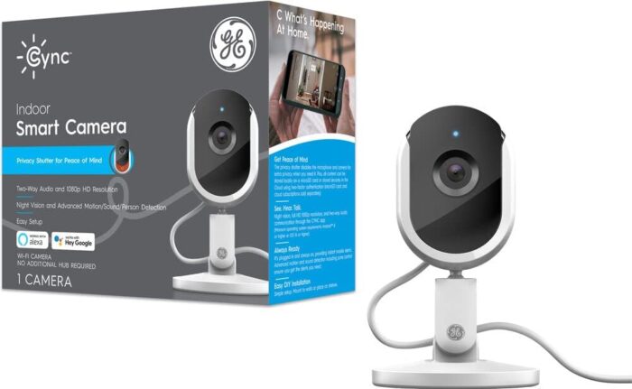 GE Cync Smart Indoor Camera, HD Camera 1080p Resolution, Night Vision, WiFi Security Camera, Works with Amazon Alexa and Google Home, White (1 Pack)