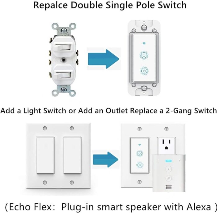 Nexete Smart Wi-Fi Double Light Switch, 2 in1 Single Pole Switch Compatible with Alexa Google Assistant & IFTTT,Remote Control, Timing Function No Hub Required (1-Pack Double Smart Switch) - Image 2