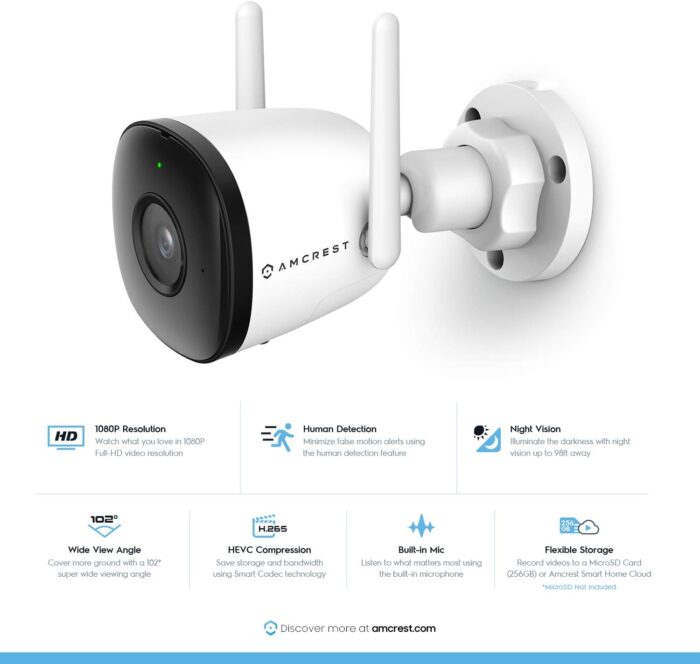 Amcrest 1080P WiFi Camera Outdoor, Smart Home 2MP Bullet IP Security Camera Outdoor Wireless, 98ft Nightvision, Built-in Mic, 102° FOV, 256GB MicroSD Storage (Sold Separately), ASH22-W (Wired Power) - Image 2