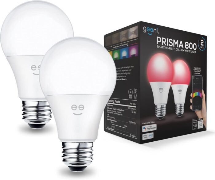 Geeni Prisma Smart Light Bulbs, 800 Lumens, 2700K Dimmable, A19, 60W Equivalent, Color Changing RGBW LED, Works with Alexa and Google Home, No Hub Required, 2.4GHz WiFi, 2-Pack