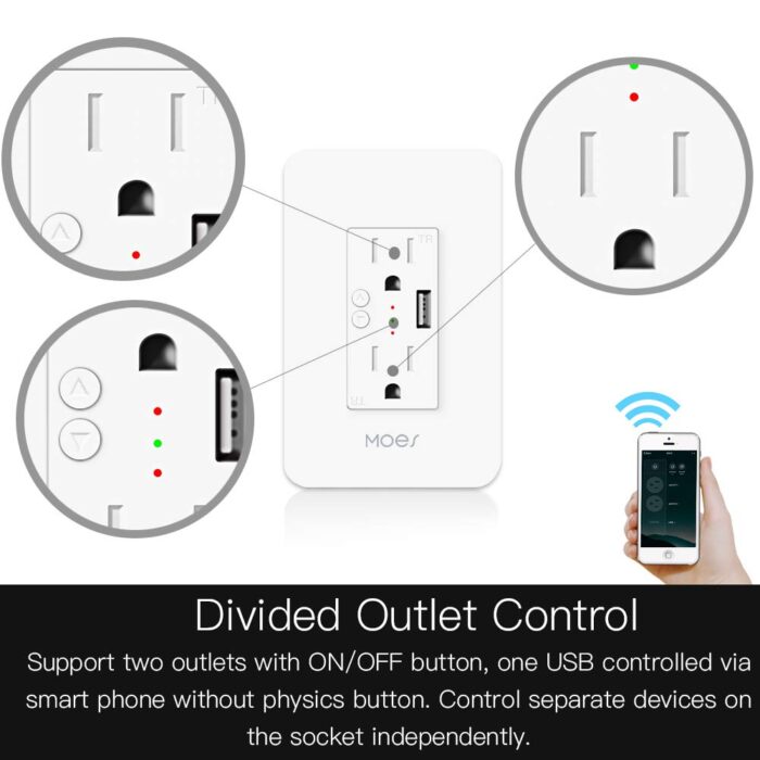 MOES WiFi Smart Wall Outlet,15A Divided Control 2 in Wall Socket with USB Interface,Smart Life/Tuya APP Remote Control Compatible with Alexa and Google Home No Hub Required, ETL Certified, 2.4G WiFi - Image 4