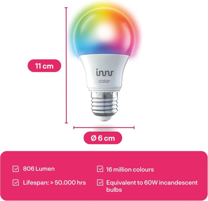 innr Smart Light Bulbs, A19 Zigbee, Works with Philips Hue* and Alexa (Bridge Required), White and Color, RGB, Dimmable Color Changing Light Bulb, E26 LED Bulb 60 Watt, 806lm, 2-Pack - Image 8