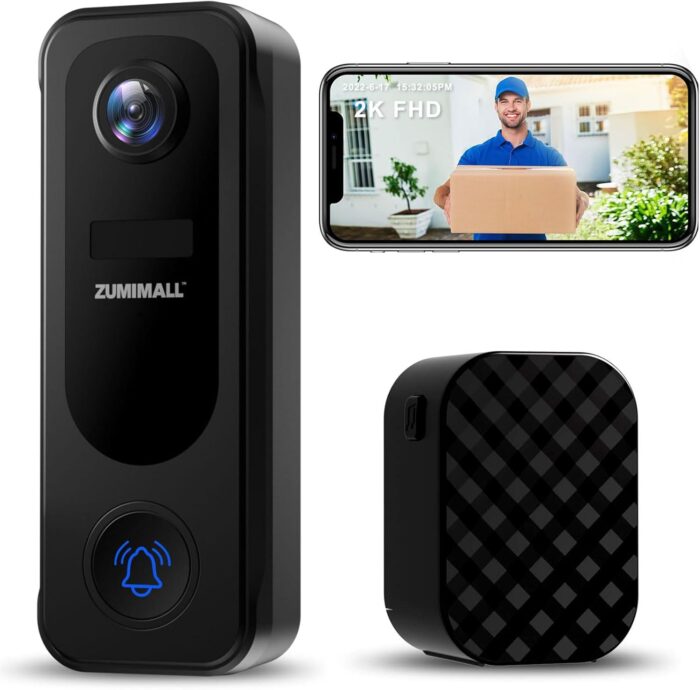 ZUMIMALL Doorbell Camera Wireless 2K, Video Doorbell with Chime, 2 Way Audio, Voice Changer, 30s Voice Message, Anti-Theft, AI Detection, Cloud Storage, 2.4Ghz WiFi, Battery Powered, Work with Alexa