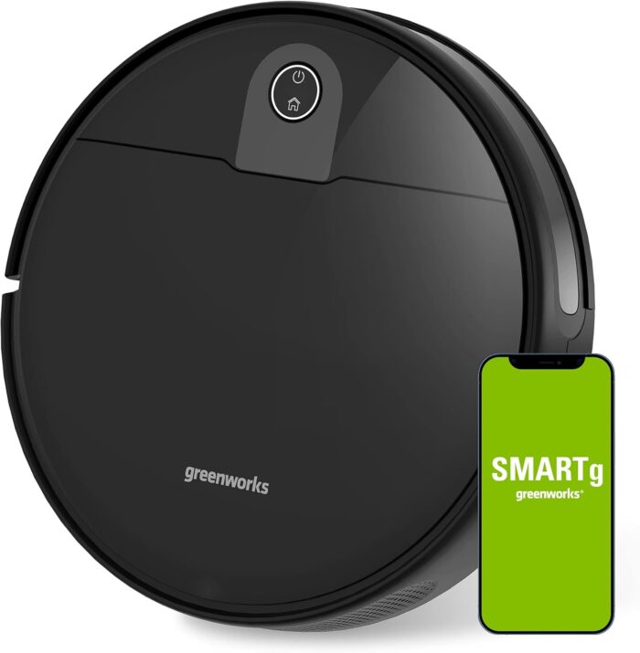 Greenworks Robotic Vacuum GRV-1010 Self-Charging, Wi-Fi Connectivity, 2200Pa Extreme Suction Power, Perfect for Pet Hair, Hard Floors, Carpets, Works with Alexa