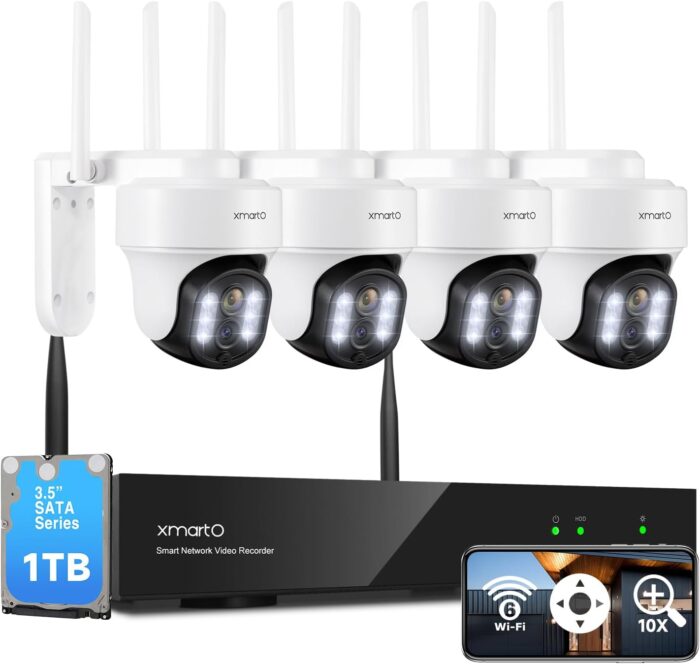 [WiFi 6 & 10X Zoom] XMARTO 10CH HD Auto Tracking PTZ Security Camera System Wireless Outdoor/Indoor, Dual-WiFi 4K NVR with 4X 6MP Home Cams, 1TB HDD (Plug-in 24/7 Surveillance, Auto WiFi-Relay)