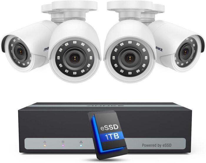 ANNKE Security Camera System, 3K Lite 5-in-1 H.265+ 8CH eDVR with 1TB eSSD and (4) 1080p (2MP) Weatherproof Surveillance Wired Cams, AI Human/Vehicle Detection, 100ft Night Vision, Email Alert