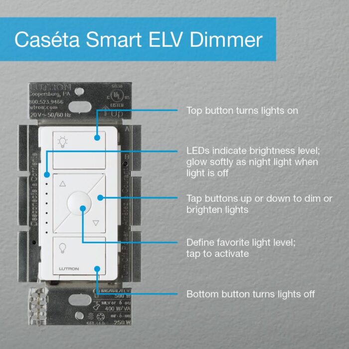 Lutron Caseta Smart Lighting Original Dimmer Switch ELV+ for Light Bulbs, , Works w/ Alexa, Apple Homekit, Google Home (Hub Required), 250W LED Single-Pole/3-Way, Neutral Required, PD-5NE-WH, White - Image 8