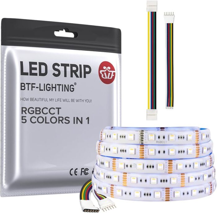 BTF-LIGHTING RGBCCT 5 Colors in 1 LED Tape Lights 5050SMD RGBWW RGB+Dimmable Color Temperature 2700K-6500K 16.4ft 60Pixel/m 300LED IP65 DC12V White PCB for Home Decoration(No Adapter or Controller)