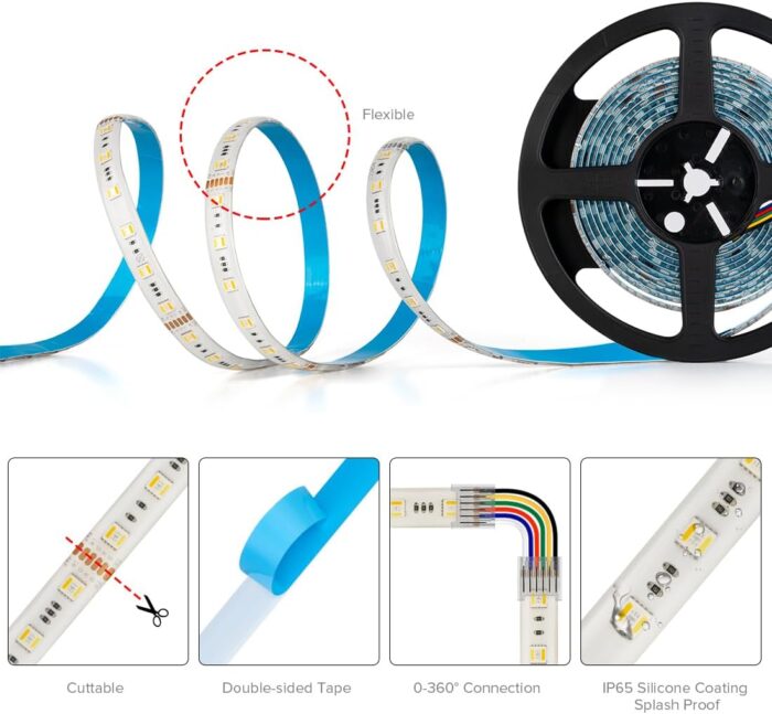 BTF-LIGHTING RGBCCT 5 Colors in 1 LED Tape Lights 5050SMD RGBWW RGB+Dimmable Color Temperature 2700K-6500K 16.4ft 60Pixel/m 300LED IP65 DC12V White PCB for Home Decoration(No Adapter or Controller) - Image 4