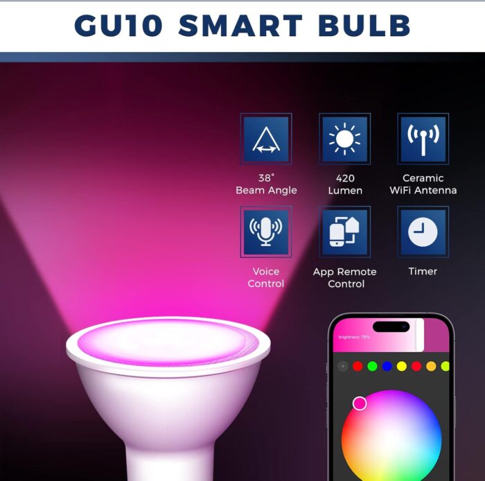 GU10 Smart Light Bulbs 50W Equivalent, 38°Beam Angle, Smart Bulb Compatible with Alexa/Google Assistant/Smart Life, 5W 420LM, RGBCW Spotlight Track Light, 2.4GHz WiFi, ETL Listed, 4PCS - Image 2