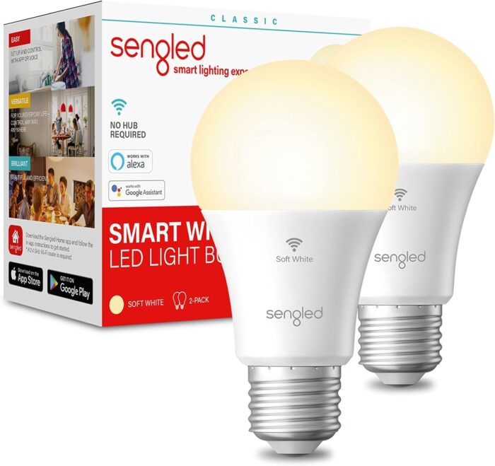 Sengled Alexa/Google Smart WiFi Light Bulbs, A19 Soft White 2700K, 800LM, No Hub - 2 Pack