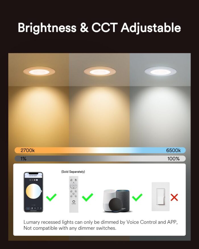 Lumary Smart Recessed Lighting 6 Inch Canless LED Recessed Lights 13W 1000lm Color Changing LED Downlight Wi-Fi Bluetooth Soffit Lights with J-Box Work with Alexa/Google Assistant (6 Inch, 4 Pack) - Image 2