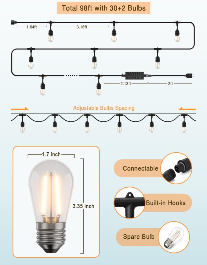 XMCOSY+ Outdoor String Lights, 98Ft Smart LED Patio Lights, WiFi Control, Compatible with Alexa, Waterproof Dimmable Edison String Lights for Outside, Porch - Image 8