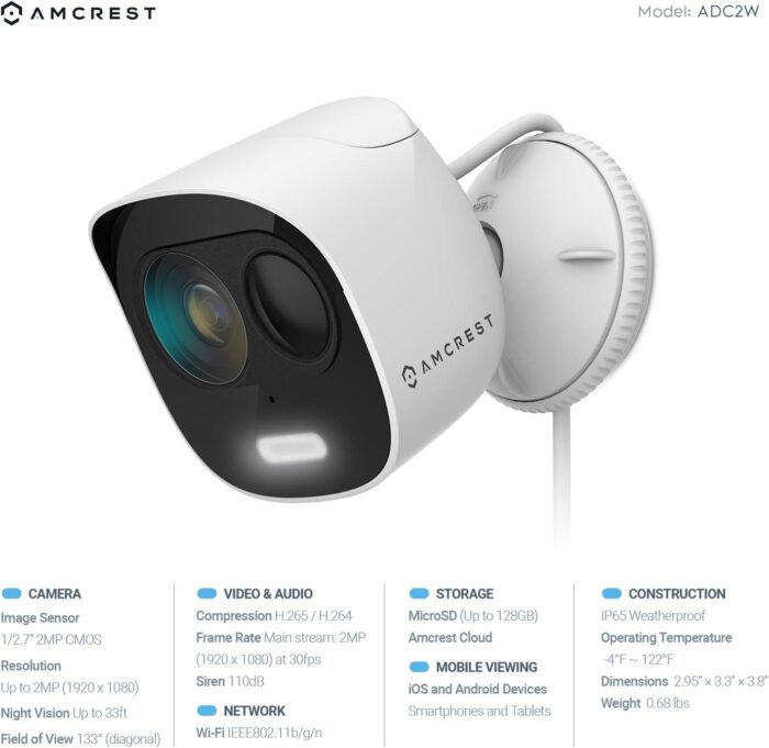 Amcrest SmartHome 1080p WiFi Outdoor Security Camera with Spotlight, Built-in Siren Alarm, Strobe Light, Two-Way Audio, Night Vision, 133° View, IP65 Weatherproof, MicroSD & Smart Cloud Storage, ADC2W - Image 3