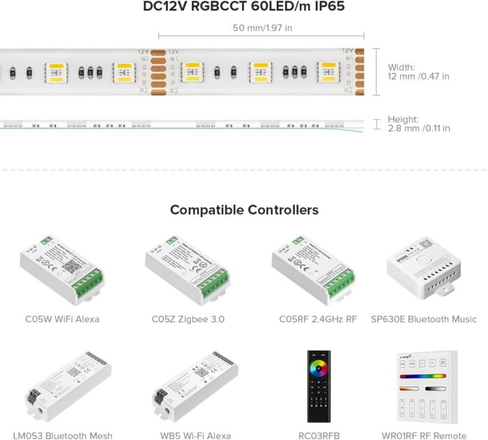 BTF-LIGHTING RGBCCT 5 Colors in 1 LED Tape Lights 5050SMD RGBWW RGB+Dimmable Color Temperature 2700K-6500K 16.4ft 60Pixel/m 300LED IP65 DC12V White PCB for Home Decoration(No Adapter or Controller) - Image 3