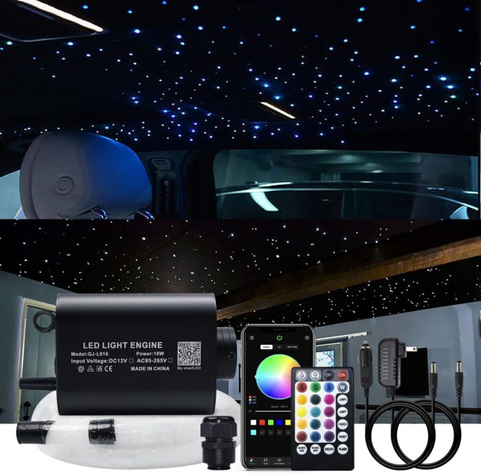 AKEPO 16W Fiber Optic Lights Star Ceiling Light Kit APP Control for Car & Home,Fibre Optical Cable Strands 150pcs 0.75mm 6.5ft/2m+28key Musical Remote Control
