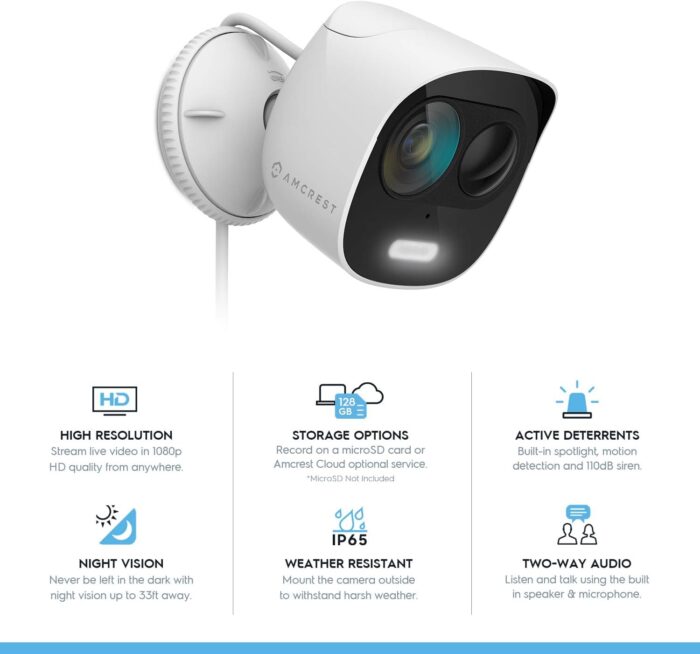 Amcrest SmartHome 1080p WiFi Outdoor Security Camera with Spotlight, Built-in Siren Alarm, Strobe Light, Two-Way Audio, Night Vision, 133° View, IP65 Weatherproof, MicroSD & Smart Cloud Storage, ADC2W - Image 2