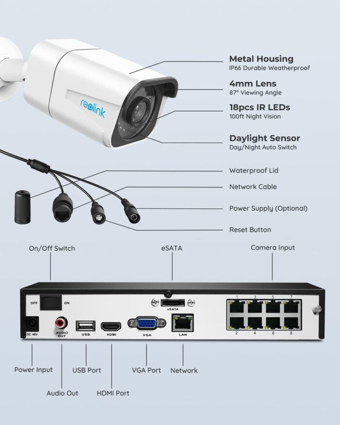 REOLINK 8CH 4K Security Camera System, 6pcs H.265 Bullet Wired PoE Cameras for Home Security Outdoors, Smart Person Vehicle Detection, 8CH NVR Recorder with 2TB HDD for 24-7 Recording, RLK8-800B6 - Image 7