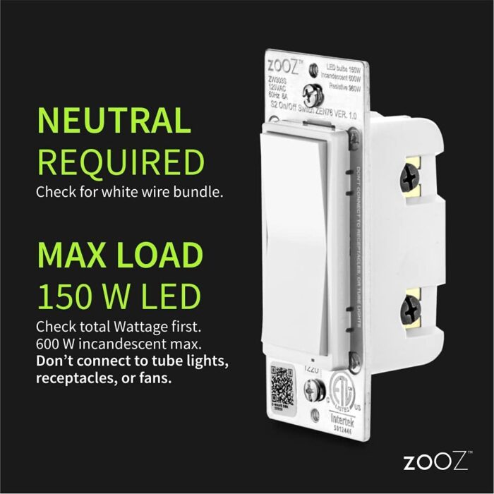 Zooz 800 Series Z-Wave Long Range S2 On Off Switch ZEN76 800LR, White | Simple Direct 3-Way and 4-Way Solution (Works with Regular Switches, No Aux Switch Needed) | Z-Wave Hub Required - Image 2