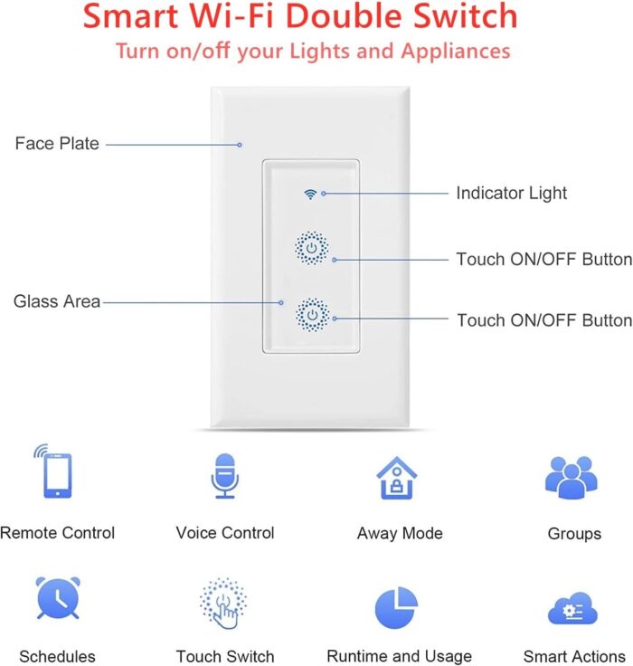 Nexete Smart Wi-Fi Double Light Switch, 2 in1 Single Pole Switch Compatible with Alexa Google Assistant & IFTTT,Remote Control, Timing Function No Hub Required (1-Pack Double Smart Switch) - Image 8