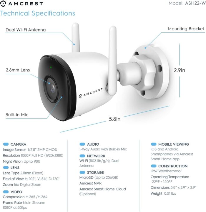 Amcrest 1080P WiFi Camera Outdoor, Smart Home 2MP Bullet IP Security Camera Outdoor Wireless, 98ft Nightvision, Built-in Mic, 102° FOV, 256GB MicroSD Storage (Sold Separately), ASH22-W (Wired Power) - Image 3