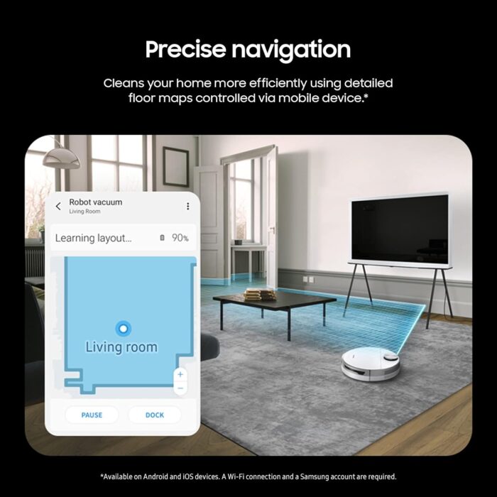SAMSUNG Jet Bot+ Robot Vacuum Cleaner w/ Clean Station, Automatic Emptying, Precision Cleaning, 5-Layer Filter, Intelligent Power Control for Hardwood Floors, Carpets, Area Rugs, VR30T85513W/AA, White - Image 3