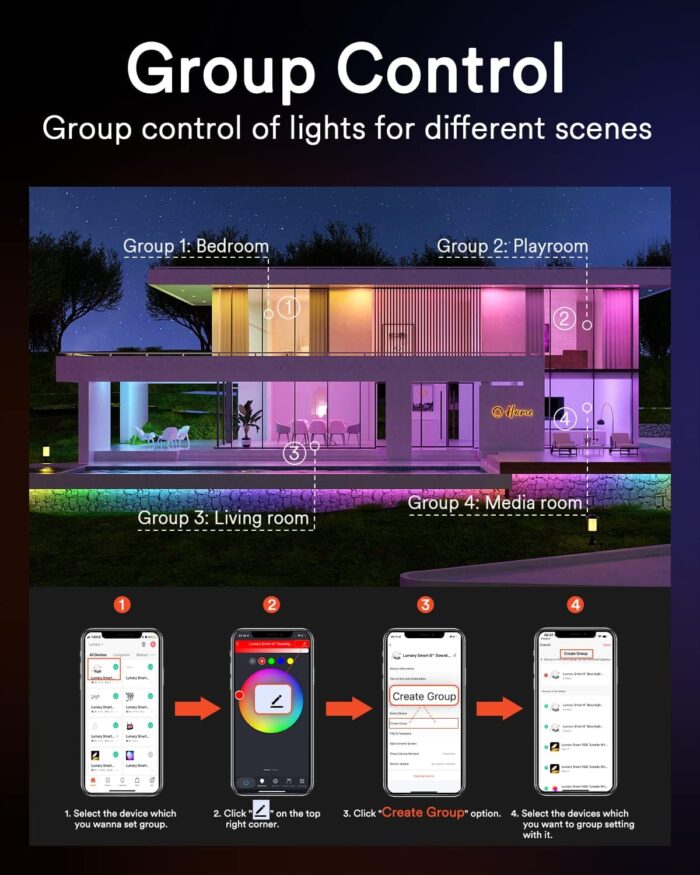 Lumary Smart Recessed Lighting 6 Inch Canless LED Recessed Lights 13W 1000lm Color Changing LED Downlight Wi-Fi Bluetooth Soffit Lights with J-Box Work with Alexa/Google Assistant (6 Inch, 4 Pack) - Image 5