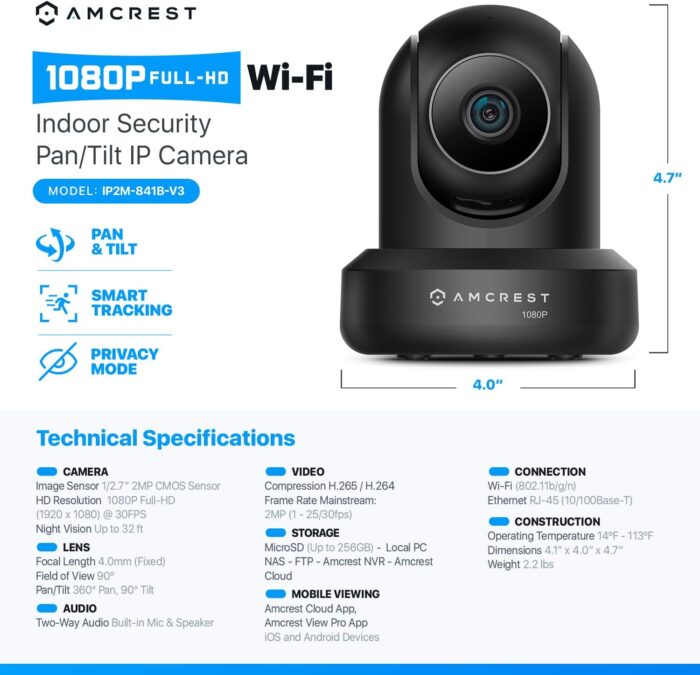 Amcrest ProHD 1080P WiFi 2MP (1920TVL) Indoor Pan/Tilt Security Wireless IP Camera IP2M-841B (Black) - Image 8