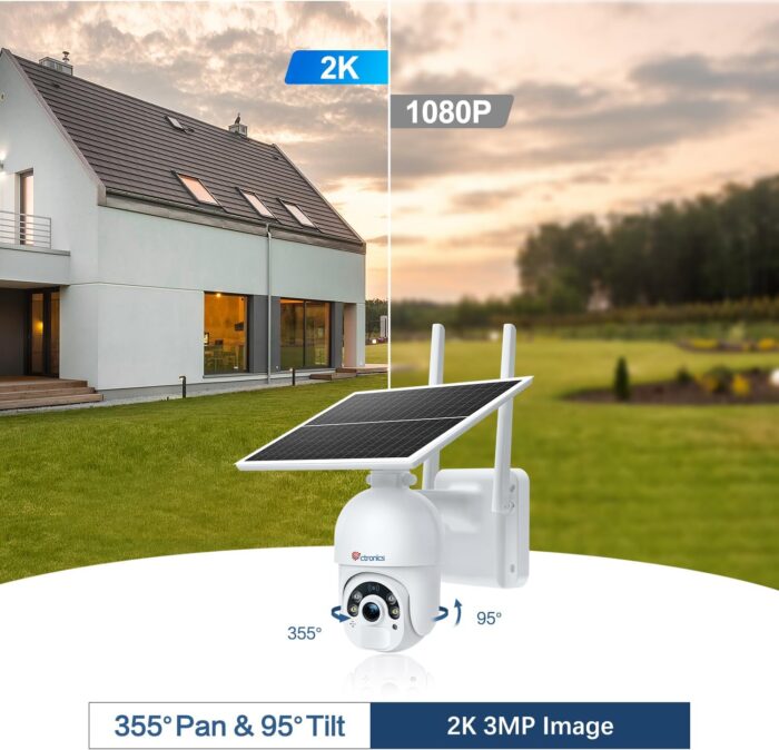 Ctronics 3MP Solar Security Camera Wireless Outdoor WiFi, PTZ Surveillacne Camera Battery-Powered for Home Security, 360° View, Spotlight Color Night Vision, PIR Human Detection, 2-Way Audio (White) - Image 2