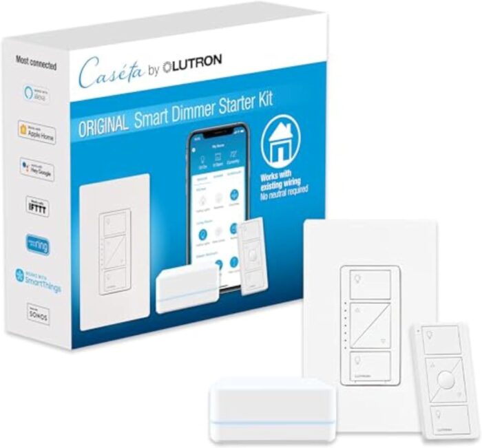 Lutron Caseta Smart Lighting Kit w/ Hub, Original Dimmer Switch, & Pico Remote, for LED Bulbs, Works w/ Alexa, Apple Homekit, Google Home, 150W Single-Pole/3-Way, No Neutral Required, P-BDG-PKG1W