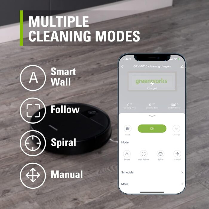Greenworks Robotic Vacuum GRV-1010 Self-Charging, Wi-Fi Connectivity, 2200Pa Extreme Suction Power, Perfect for Pet Hair, Hard Floors, Carpets, Works with Alexa - Image 4