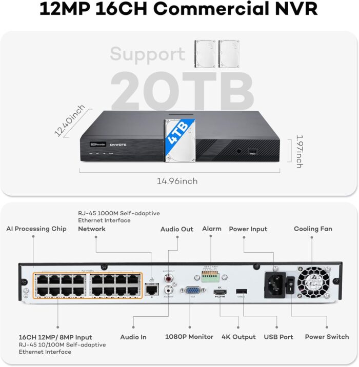 ONWOTE 4K NVR Wired Security Camera System PoE, 16 Channel 12MP Commercial NVR 4TB, 8X Outdoor 8MP IP Cameras, 134° FoV, AI Detection, 24/7 Video Audio Recording, CCTV Surveillance for Home Business - Image 3